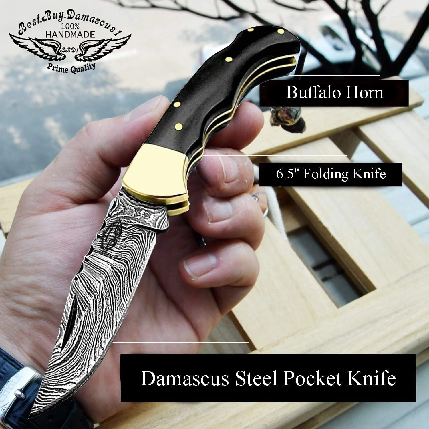 Best.Buy.Damascus1 Pocket Knife 6.5'' Damascus Steel Buffalo Horn Folding Knife Set, 3" Blade Lengh