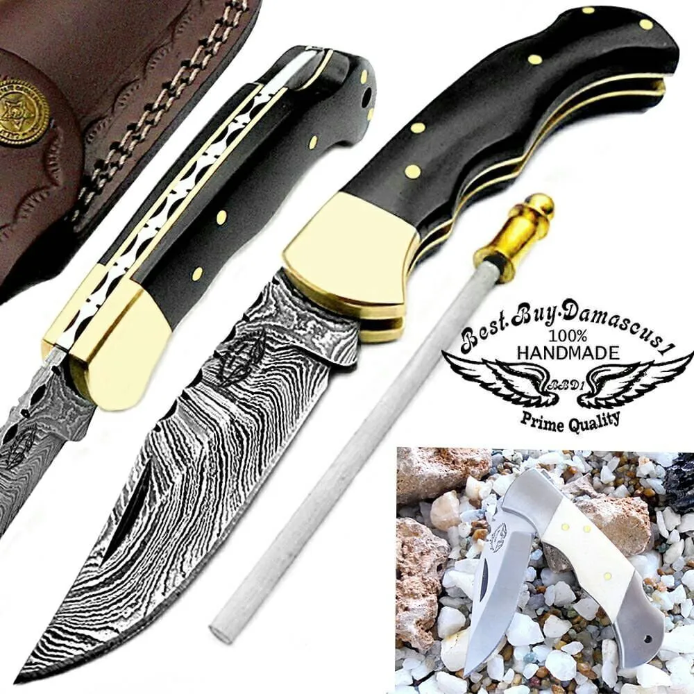 Best.Buy.Damascus1 Pocket Knife 6.5'' Damascus Steel Buffalo Horn Folding Knife Set, 3" Blade Lengh