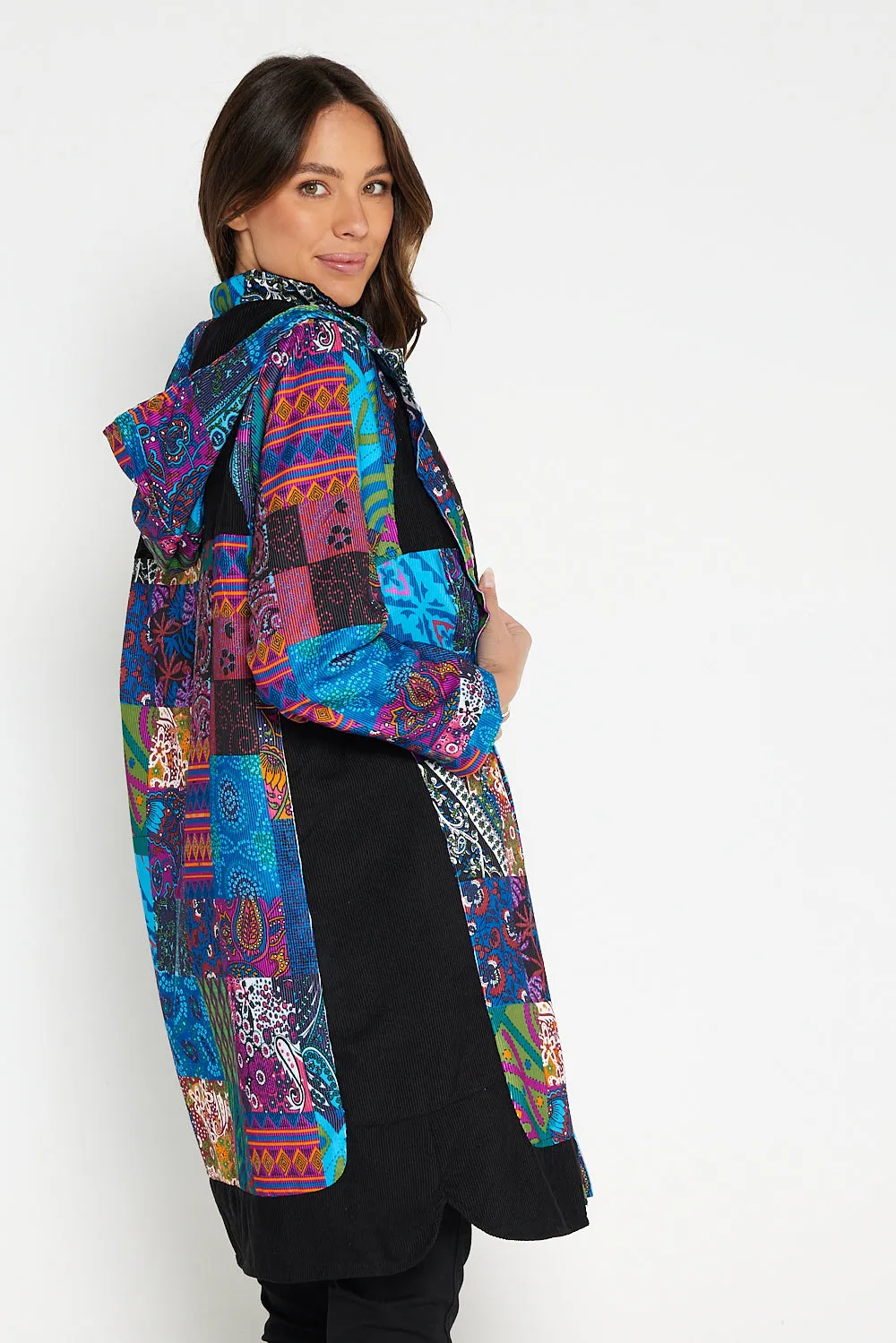 Bicheno Corduroy Coat - Blue Patchwork