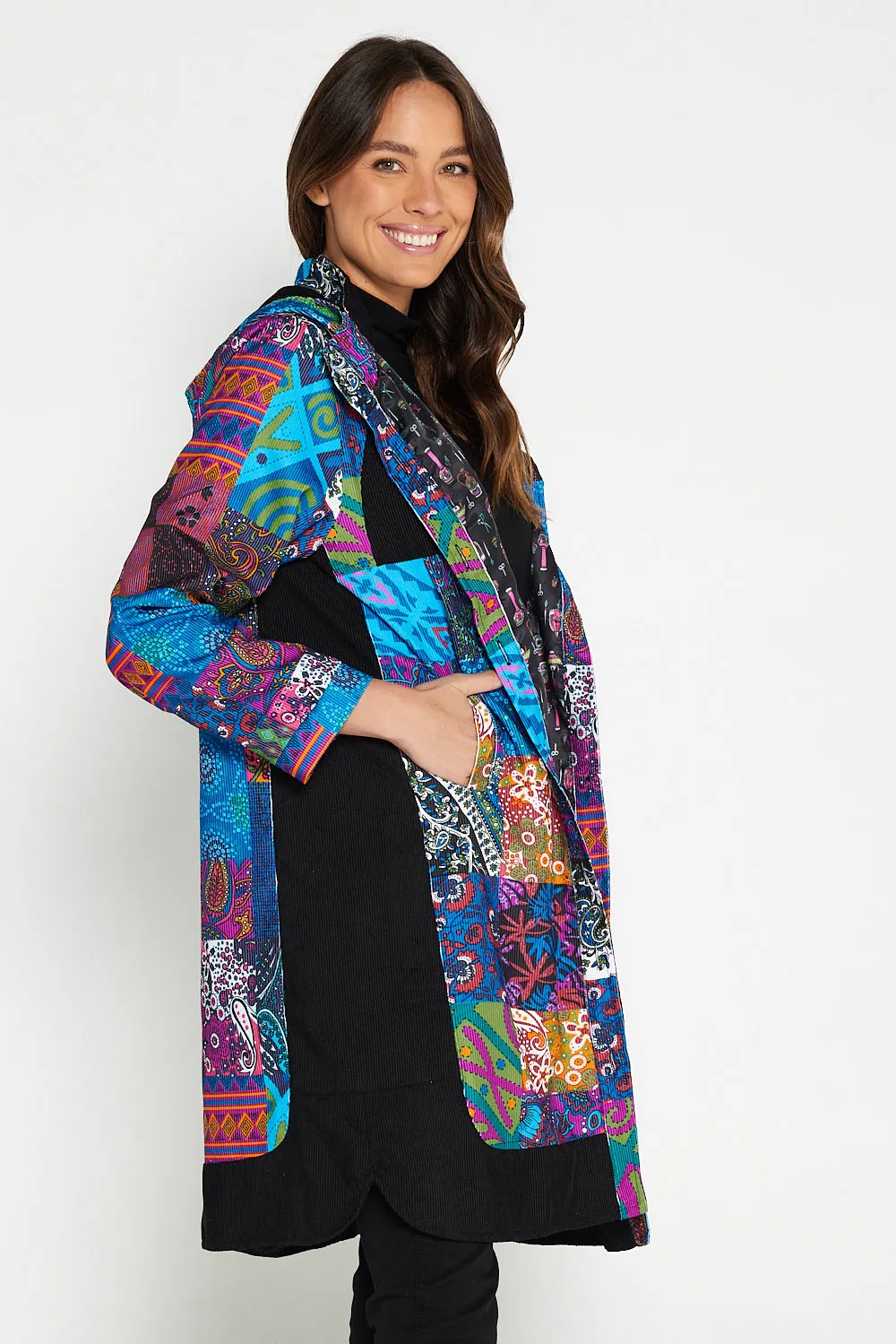 Bicheno Corduroy Coat - Blue Patchwork