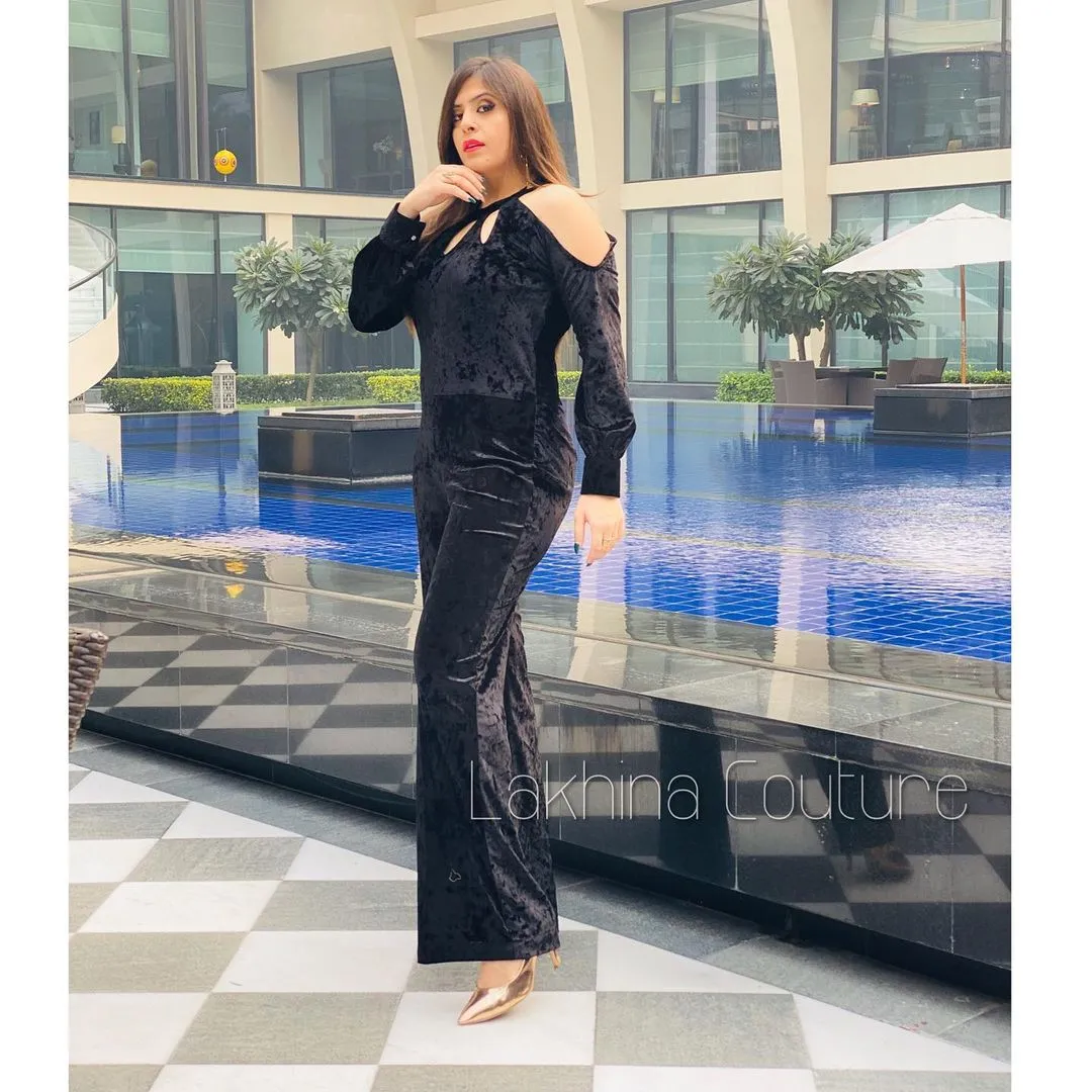 Black Cold Shoulder Velvet Jumpsuit