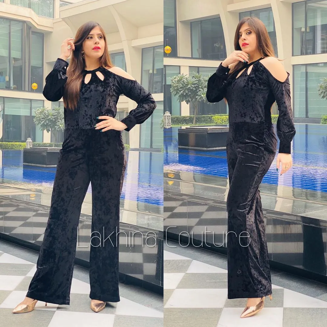 Black Cold Shoulder Velvet Jumpsuit