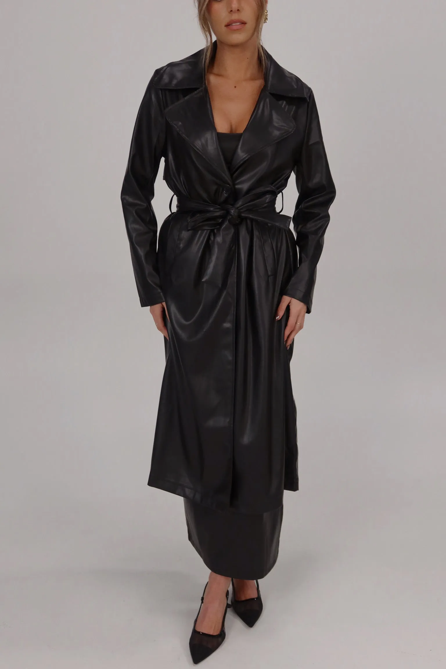 Black Pleather Trench Coat