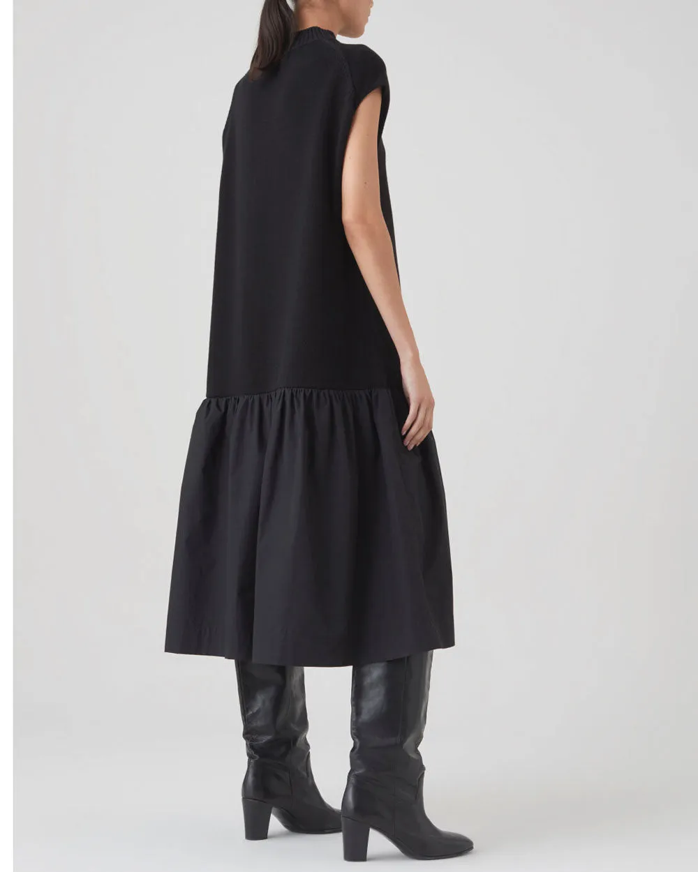 Black Poplin Knit Midi Dress