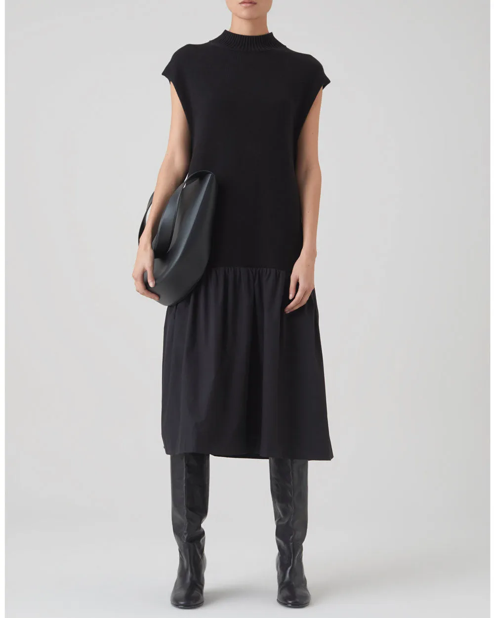 Black Poplin Knit Midi Dress