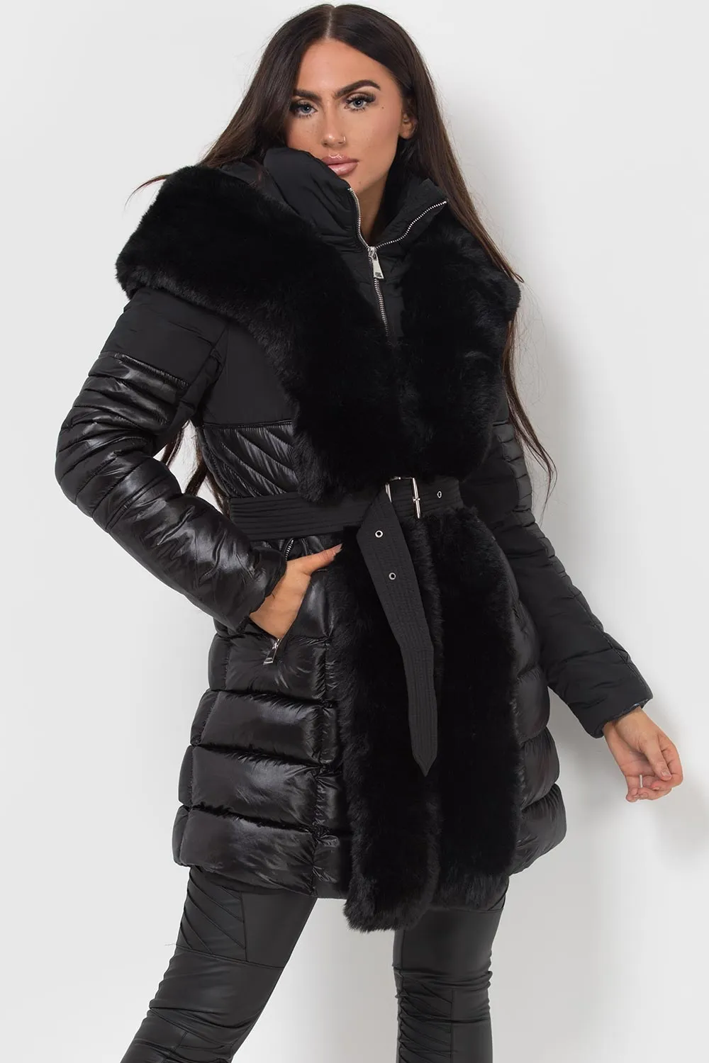 Black Puffer Coat With Faux Fur Hood And Trim