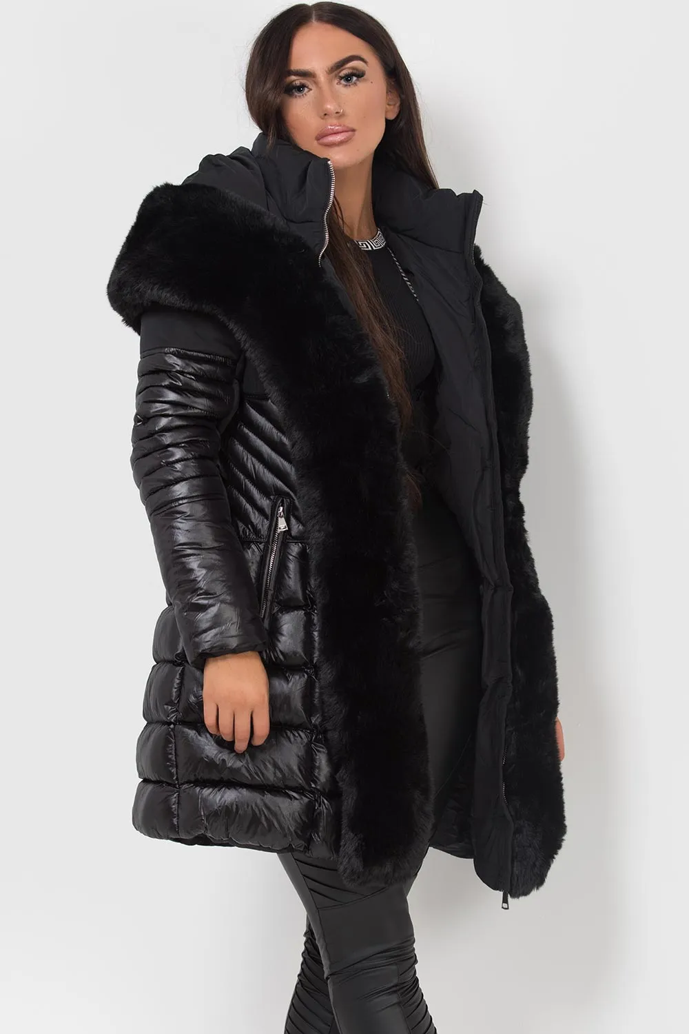 Black Puffer Coat With Faux Fur Hood And Trim