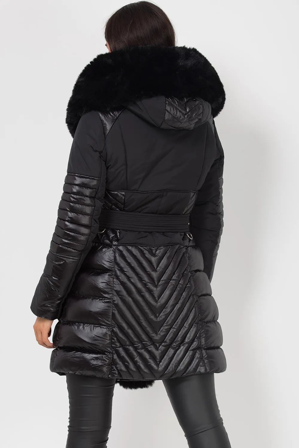 Black Puffer Coat With Faux Fur Hood And Trim