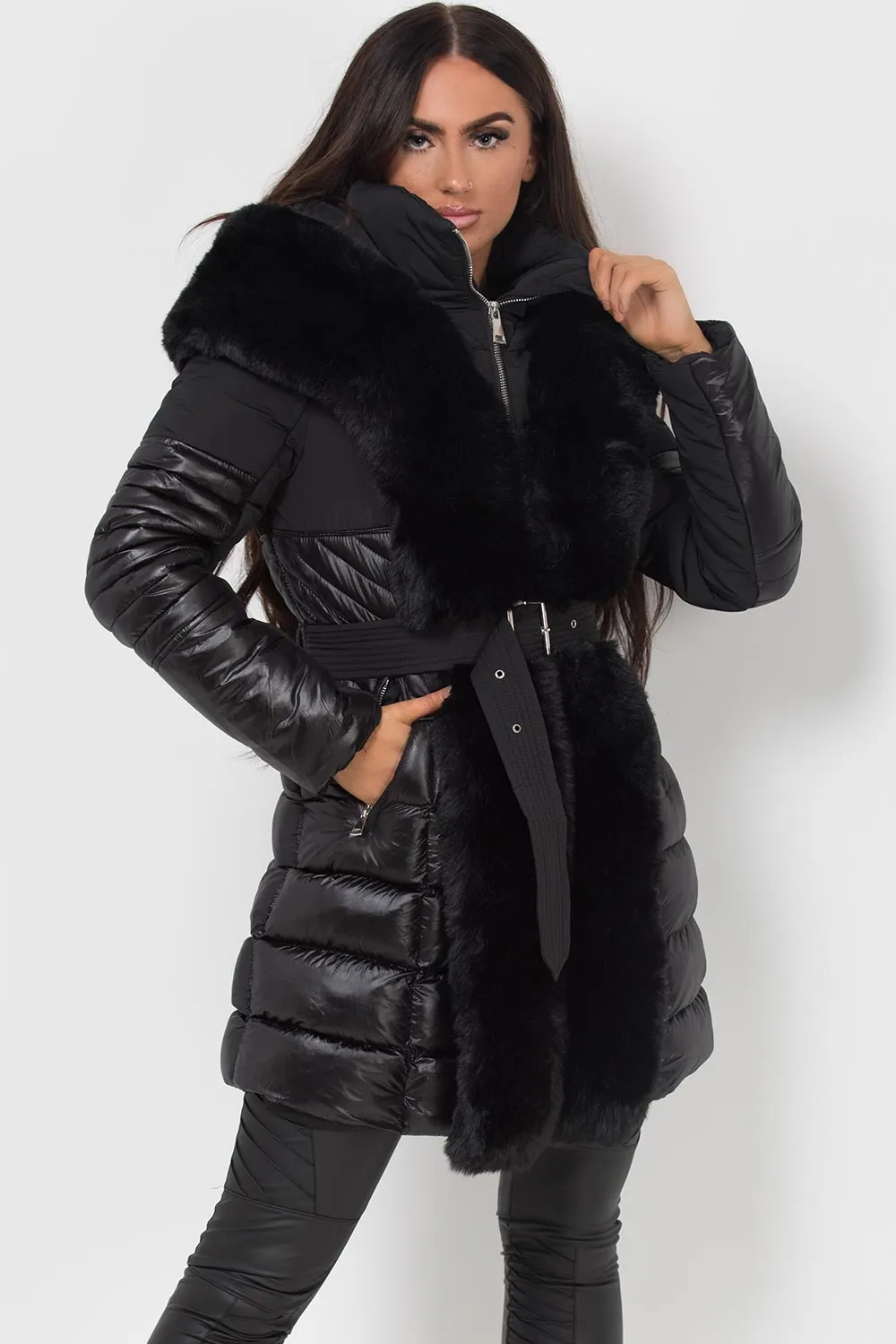 Black Puffer Coat With Faux Fur Hood And Trim