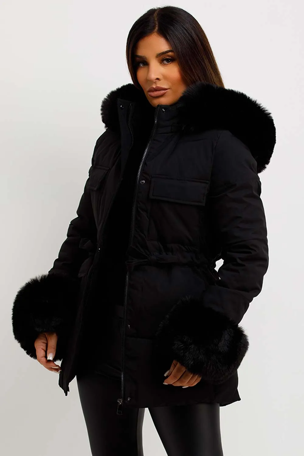 Black Puffer Coat With Faux Fur Hood Cuff And Drawstring