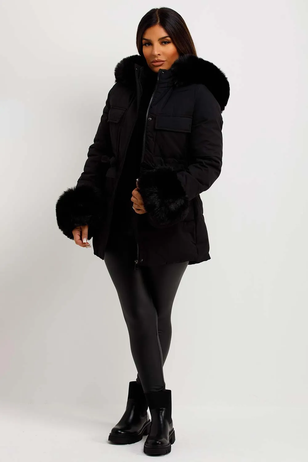 Black Puffer Coat With Faux Fur Hood Cuff And Drawstring