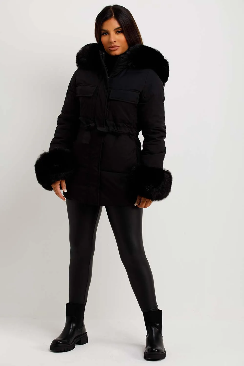 Black Puffer Coat With Faux Fur Hood Cuff And Drawstring