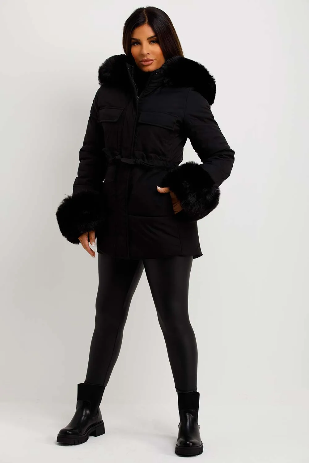 Black Puffer Coat With Faux Fur Hood Cuff And Drawstring