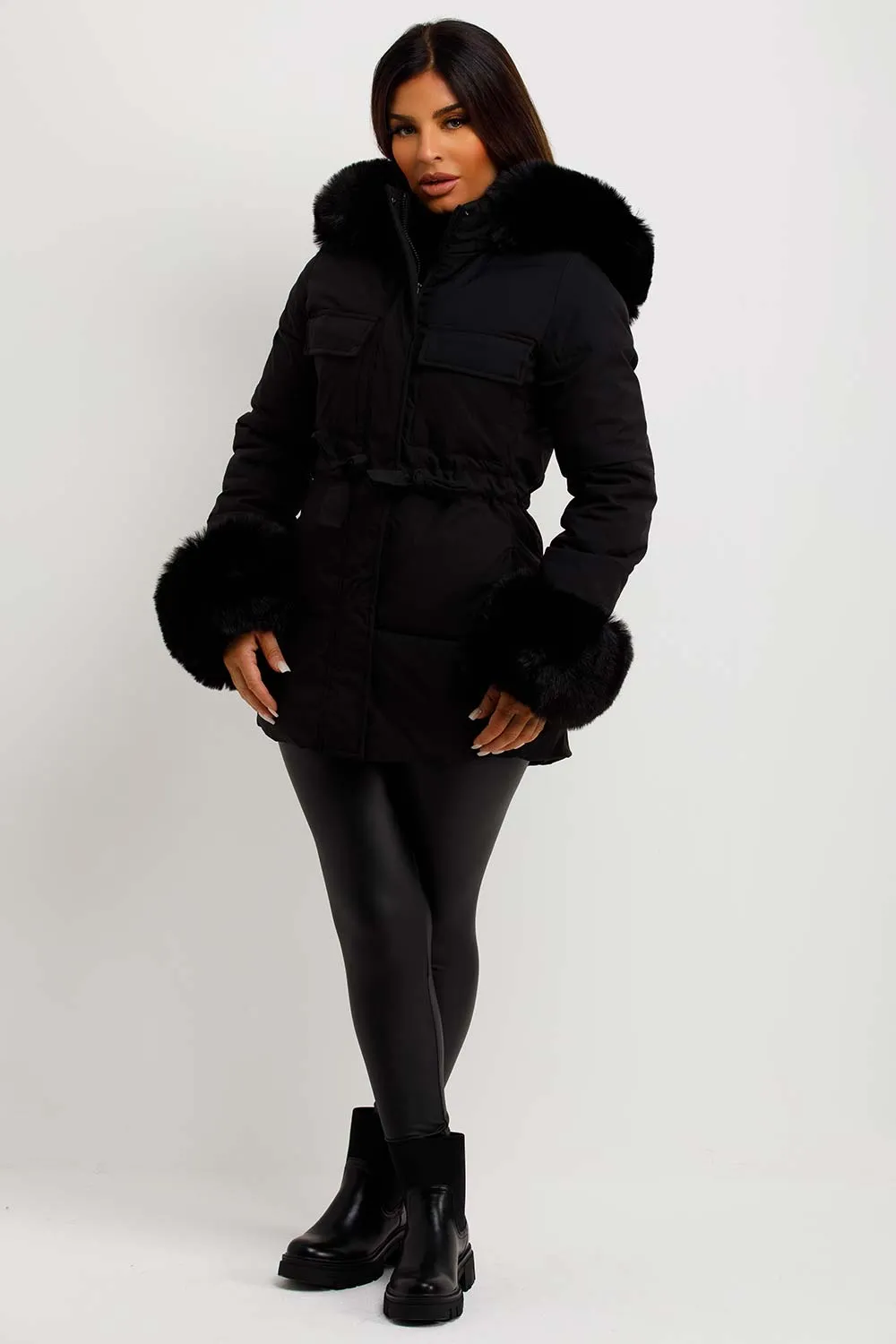 Black Puffer Coat With Faux Fur Hood Cuff And Drawstring