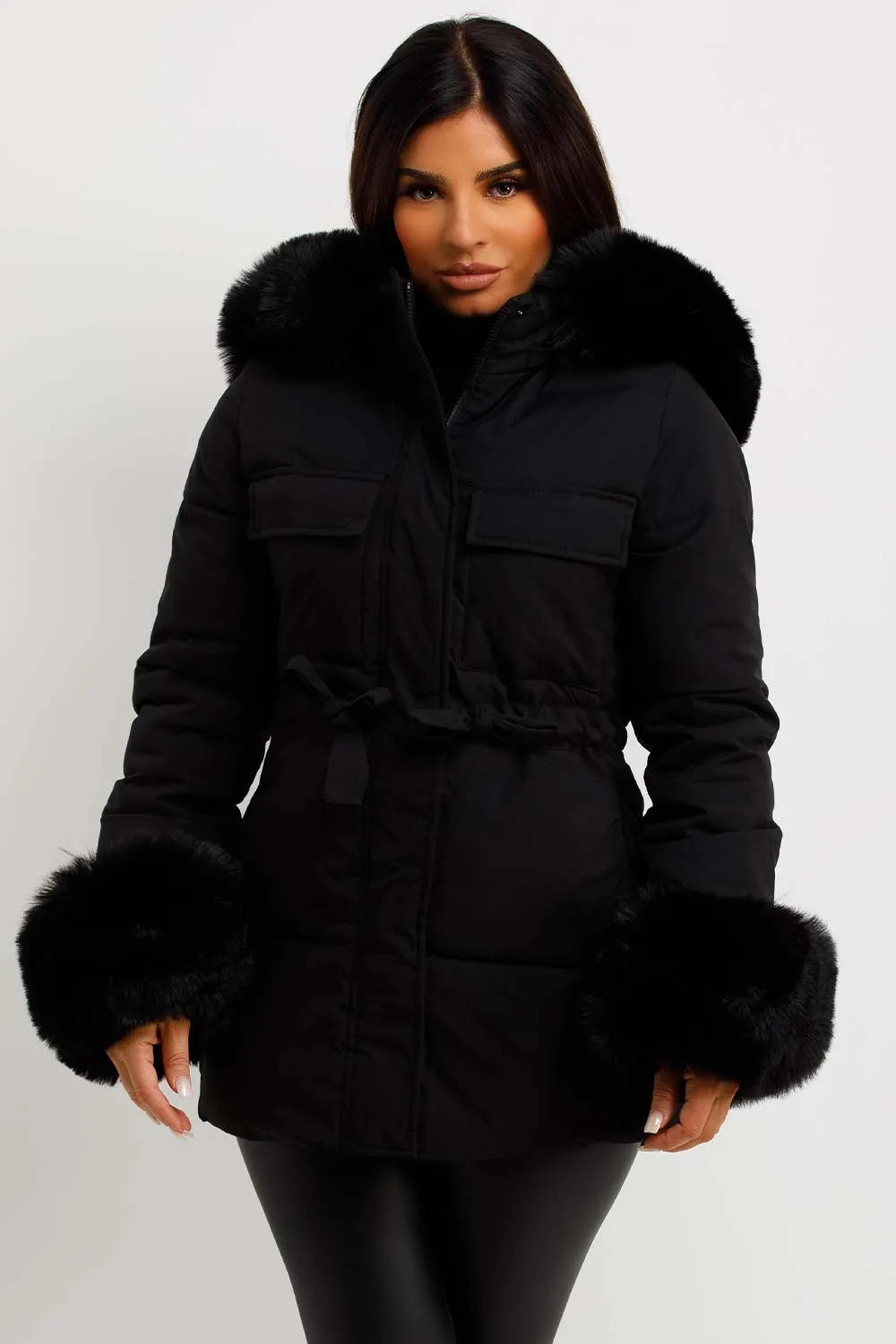 Black Puffer Coat With Faux Fur Hood Cuff And Drawstring