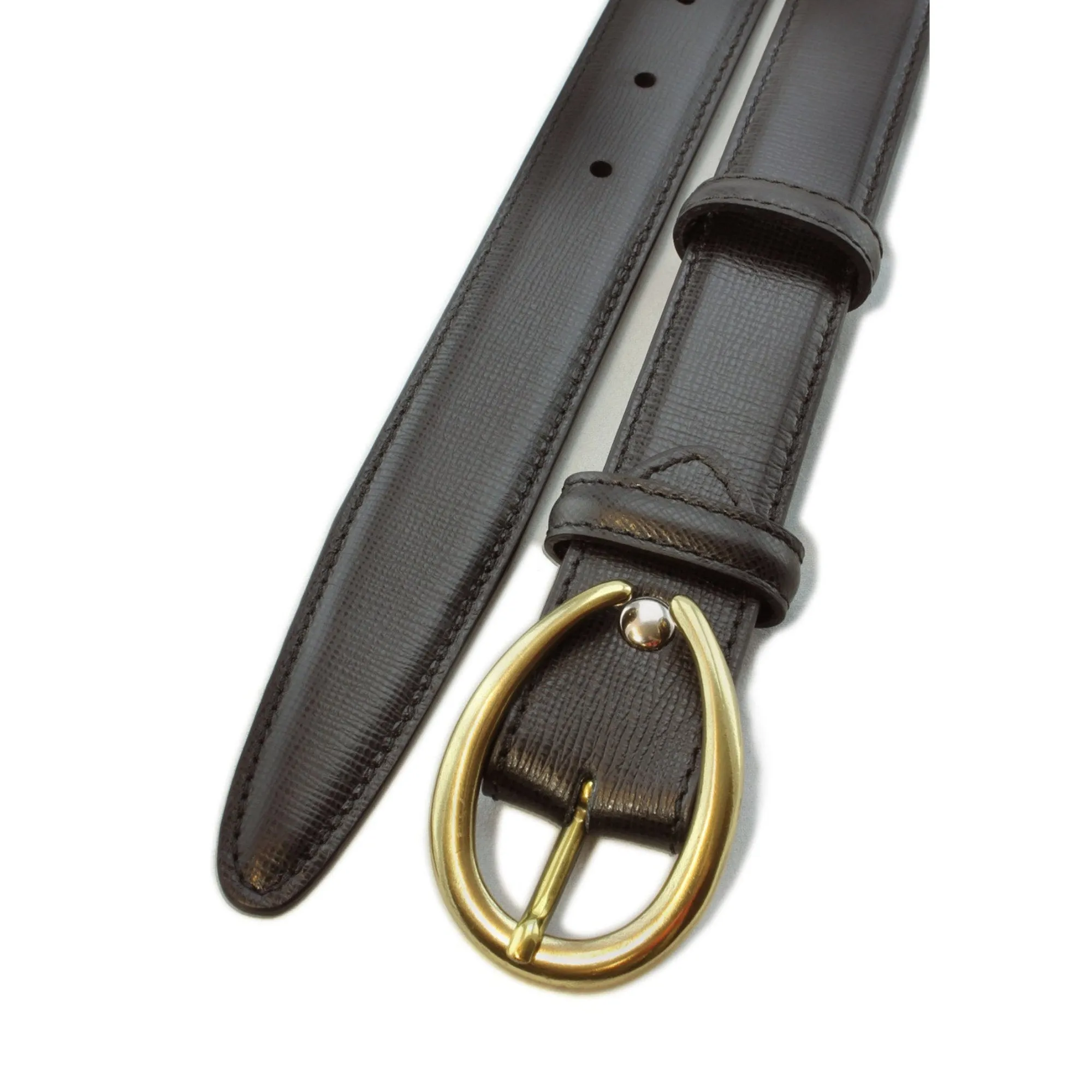 Black saffiano leather narrow belt with curved gold buckle