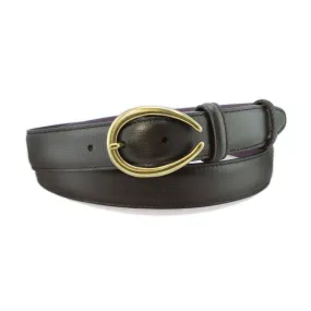 Black saffiano leather narrow belt with curved gold buckle