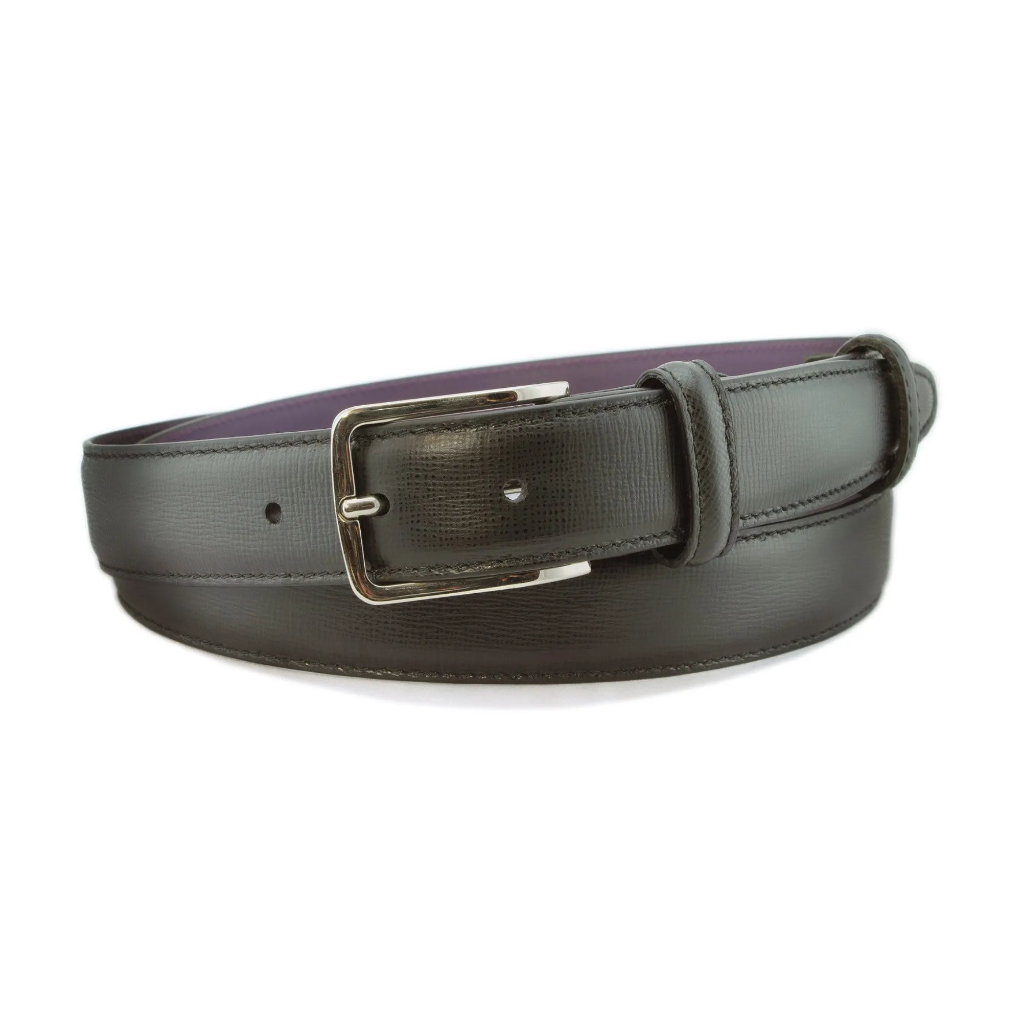 Black saffiano leather narrow belt with silver buckle