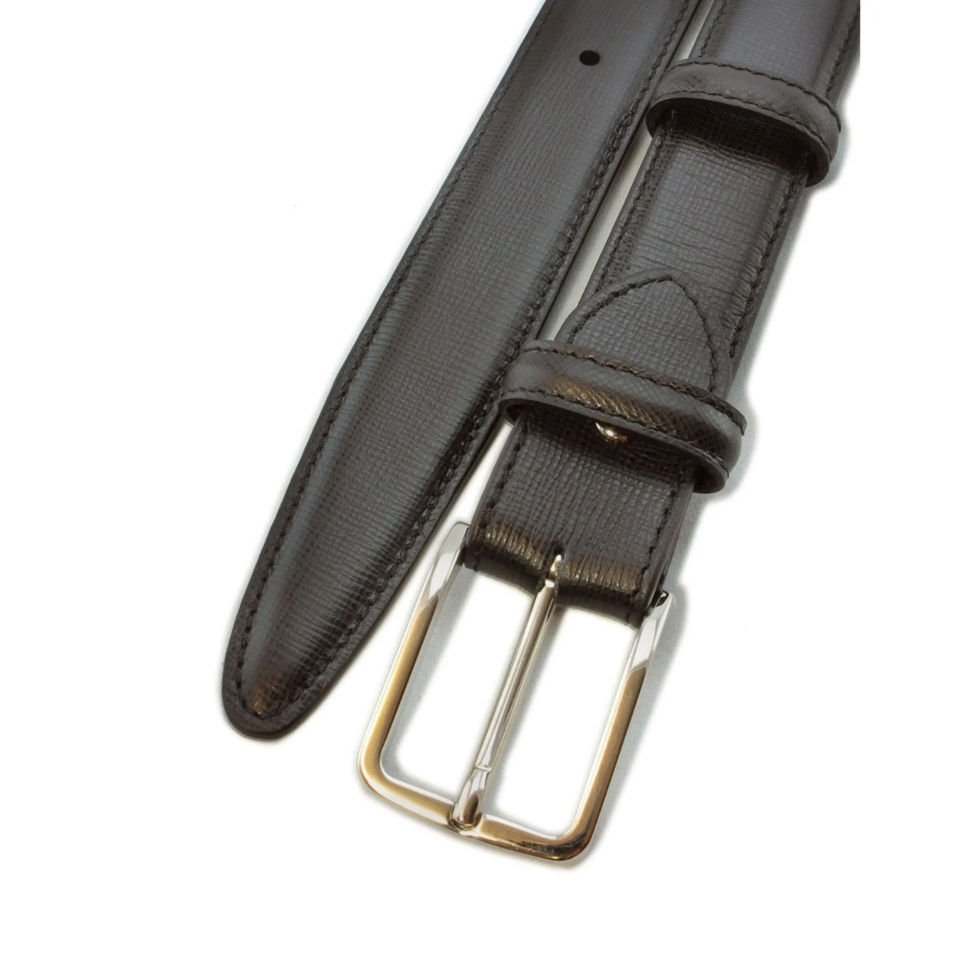 Black saffiano leather narrow belt with silver buckle