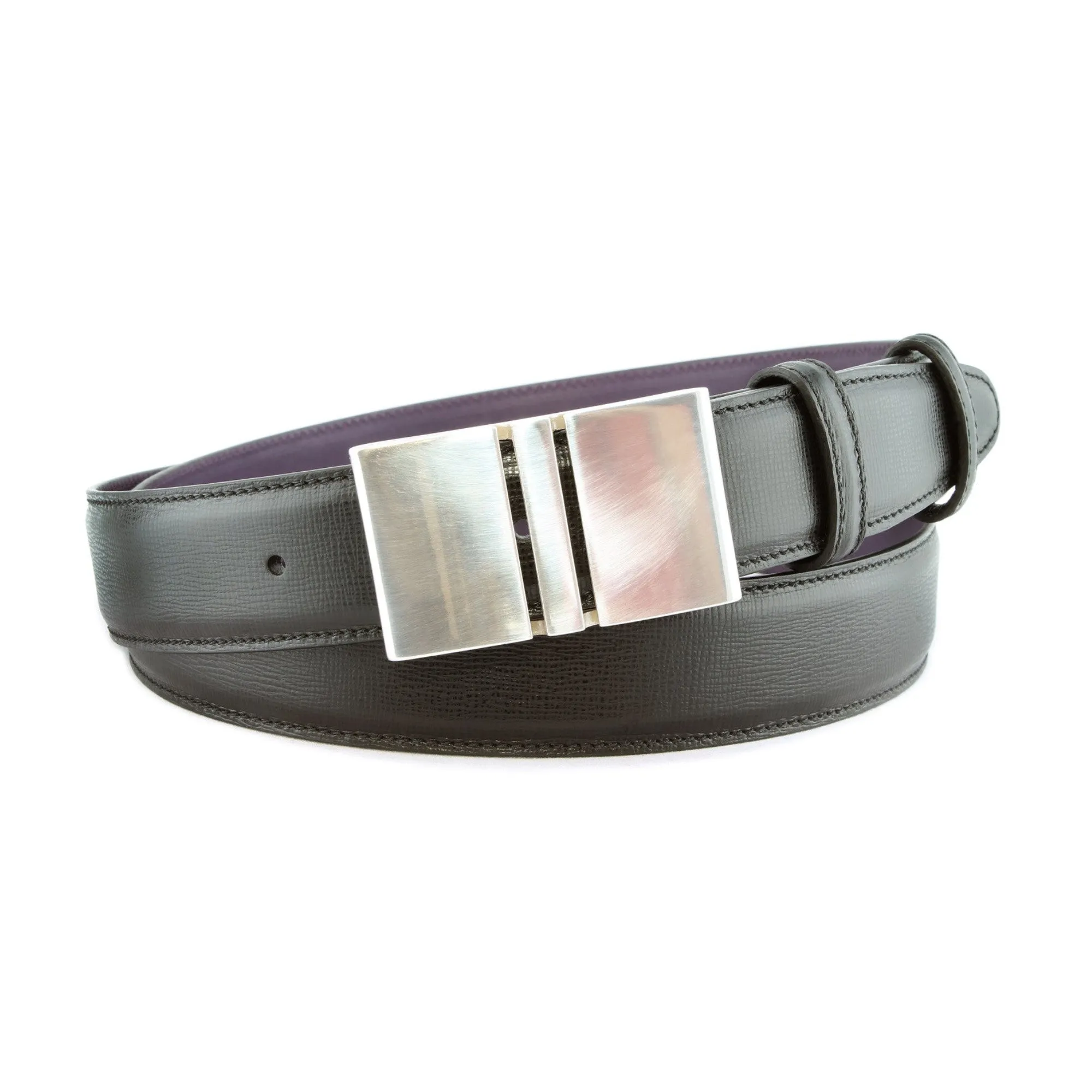 Black saffiano leather silver plate belt