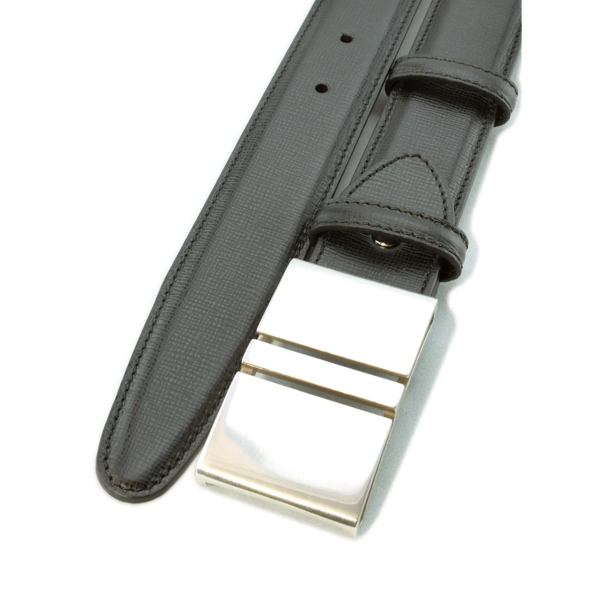 Black saffiano leather silver plate belt