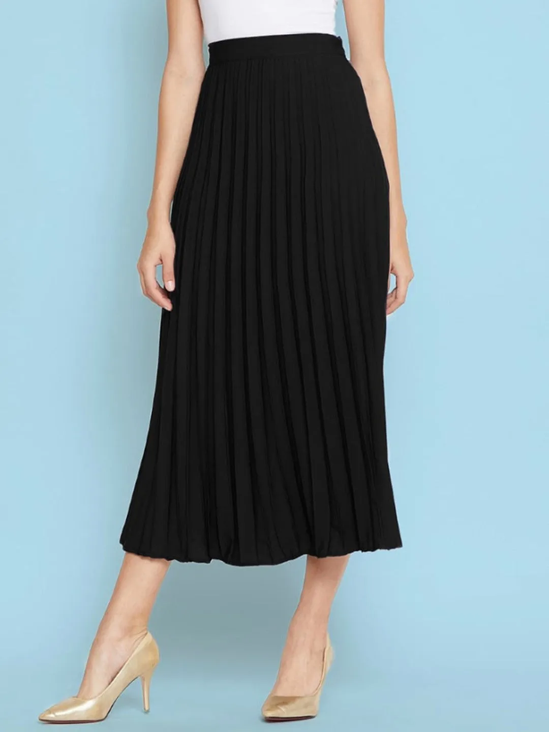 Black Solid A-Line Pleated Skirt