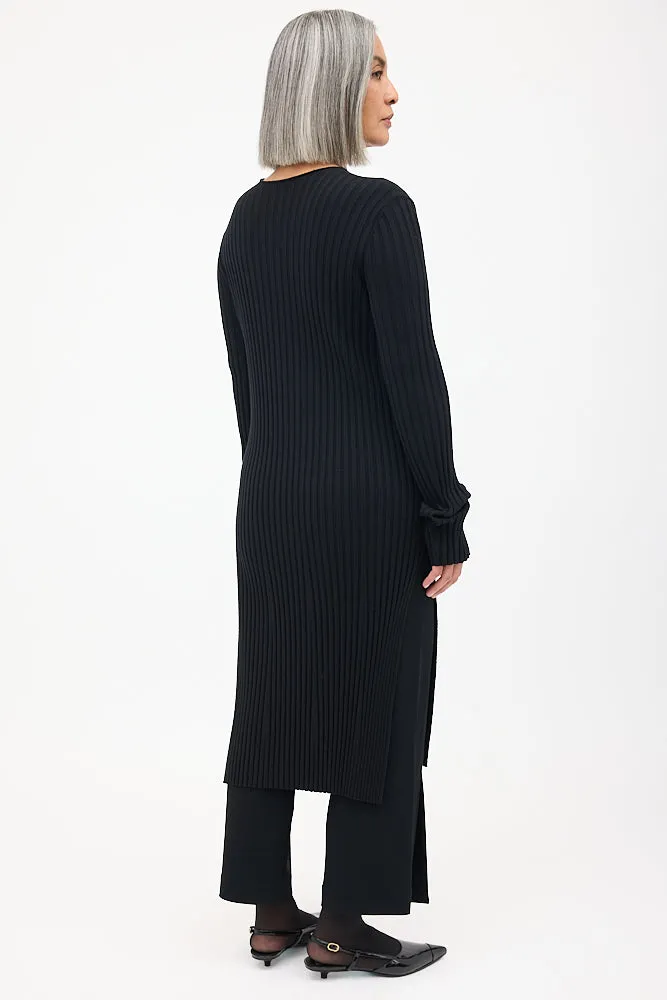 Black Wool Ribbed Knit Midi Dress