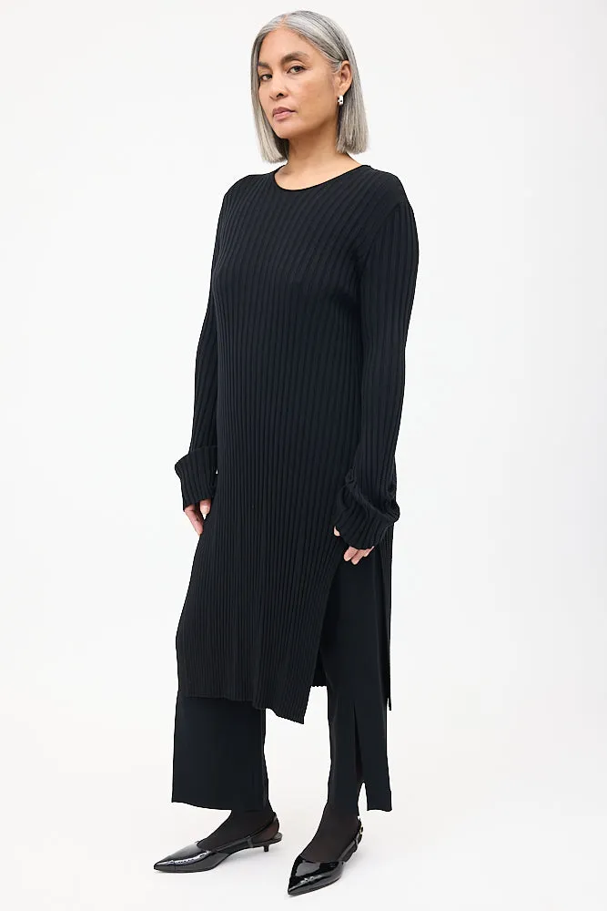 Black Wool Ribbed Knit Midi Dress