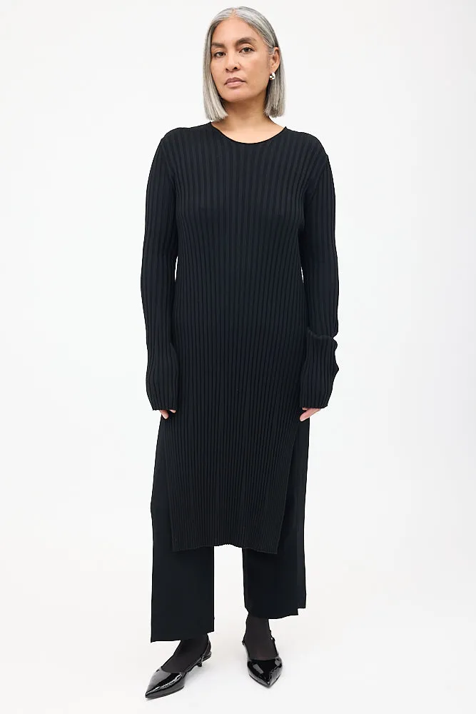 Black Wool Ribbed Knit Midi Dress