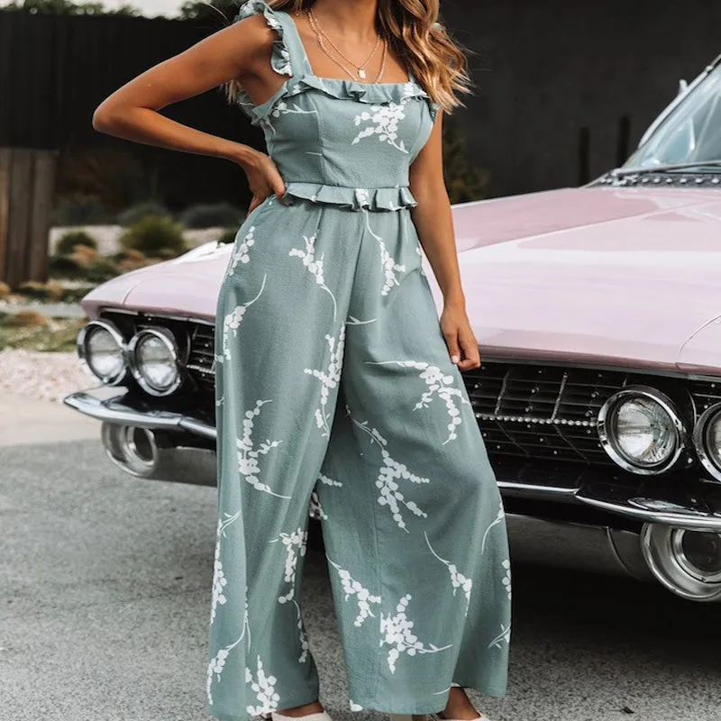 Blue Sexy Sleeveless Print Wide Leg Ruffled Jumpsuits