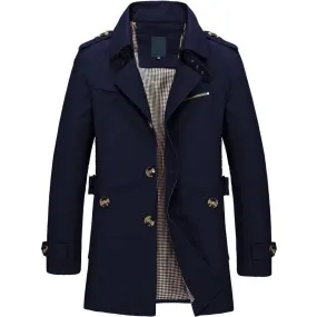 BOLU Design Men's Fashion Classic Design Long Solid Design Navy Blue Trench Coat Jacket