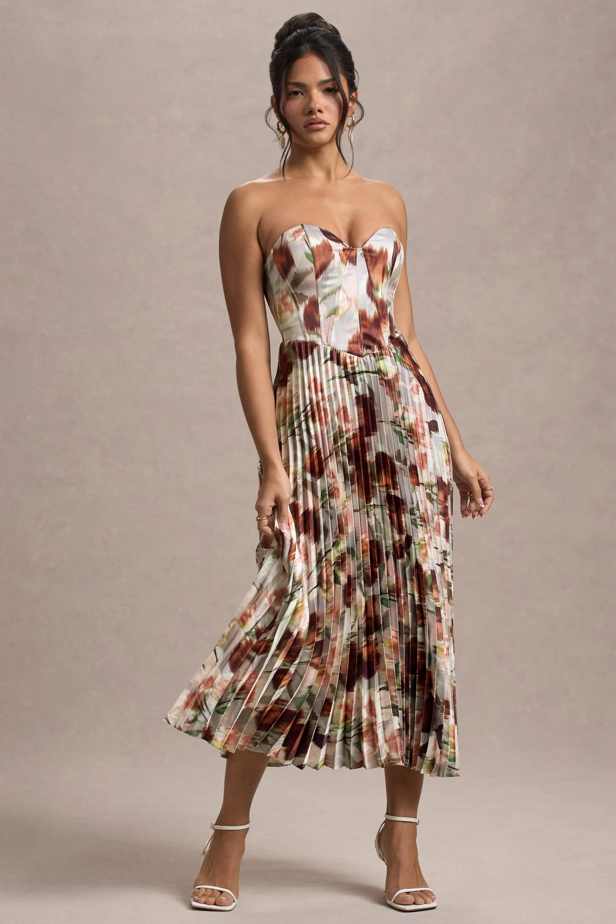 Bordeaux | Cream Floral Print Satin Corset Style Midi Dress