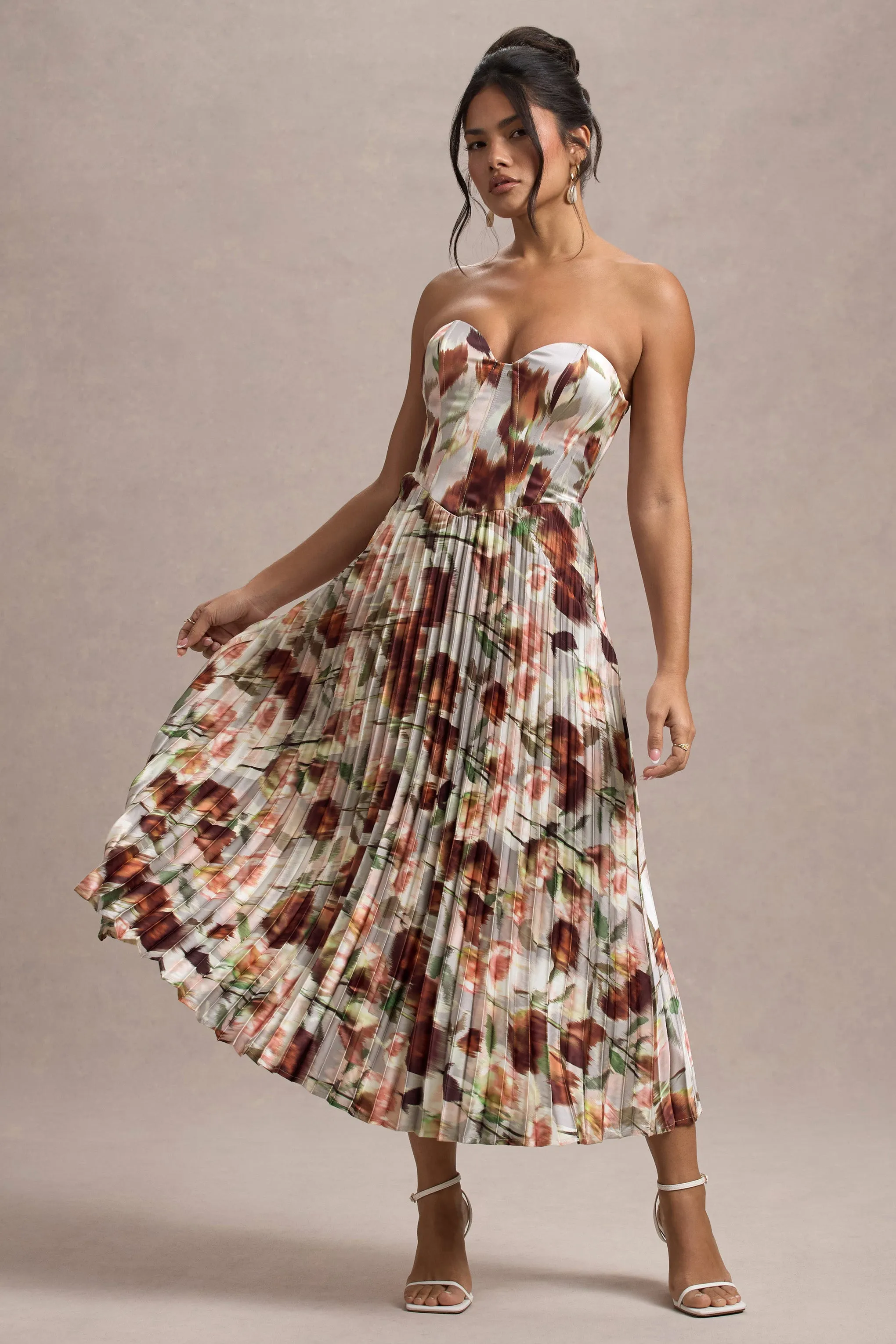 Bordeaux | Cream Floral Print Satin Corset Style Midi Dress