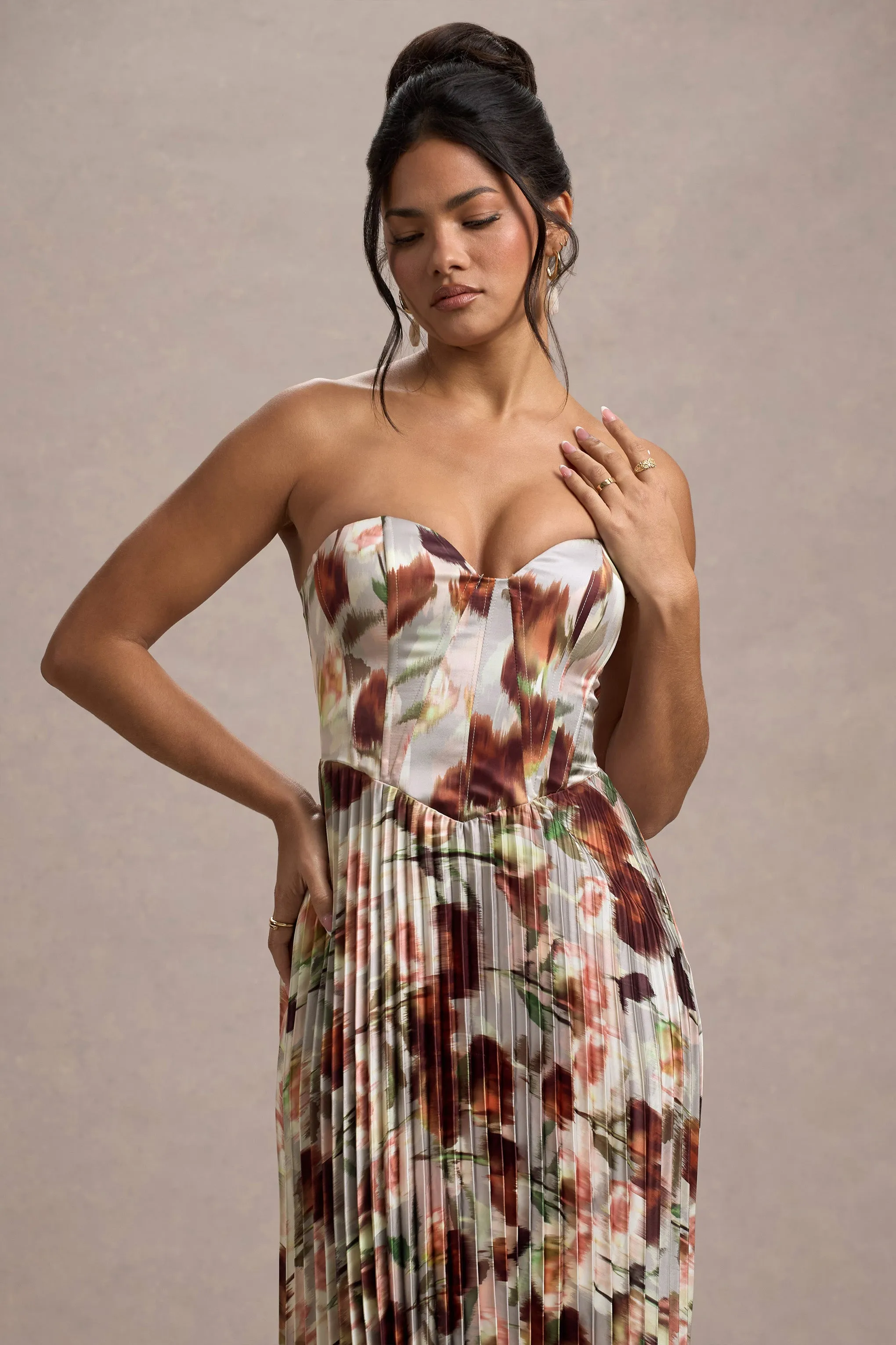 Bordeaux | Cream Floral Print Satin Corset Style Midi Dress