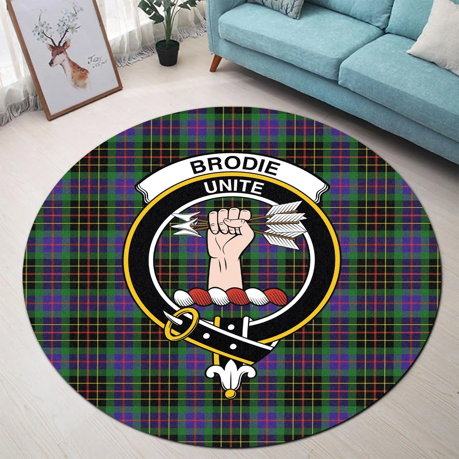 Brodie Hunting Modern Tartan Round Rug with Family Crest