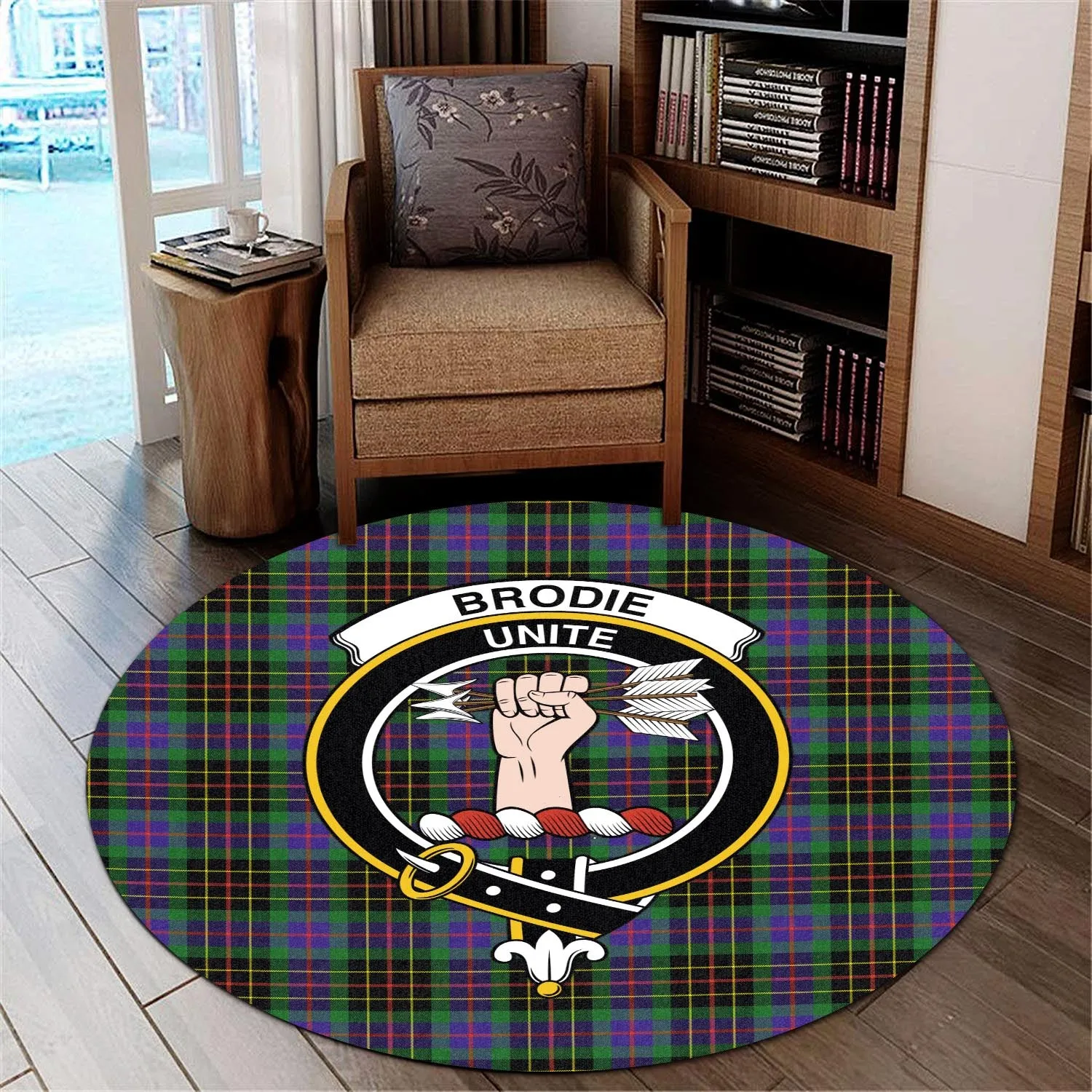 Brodie Hunting Modern Tartan Round Rug with Family Crest