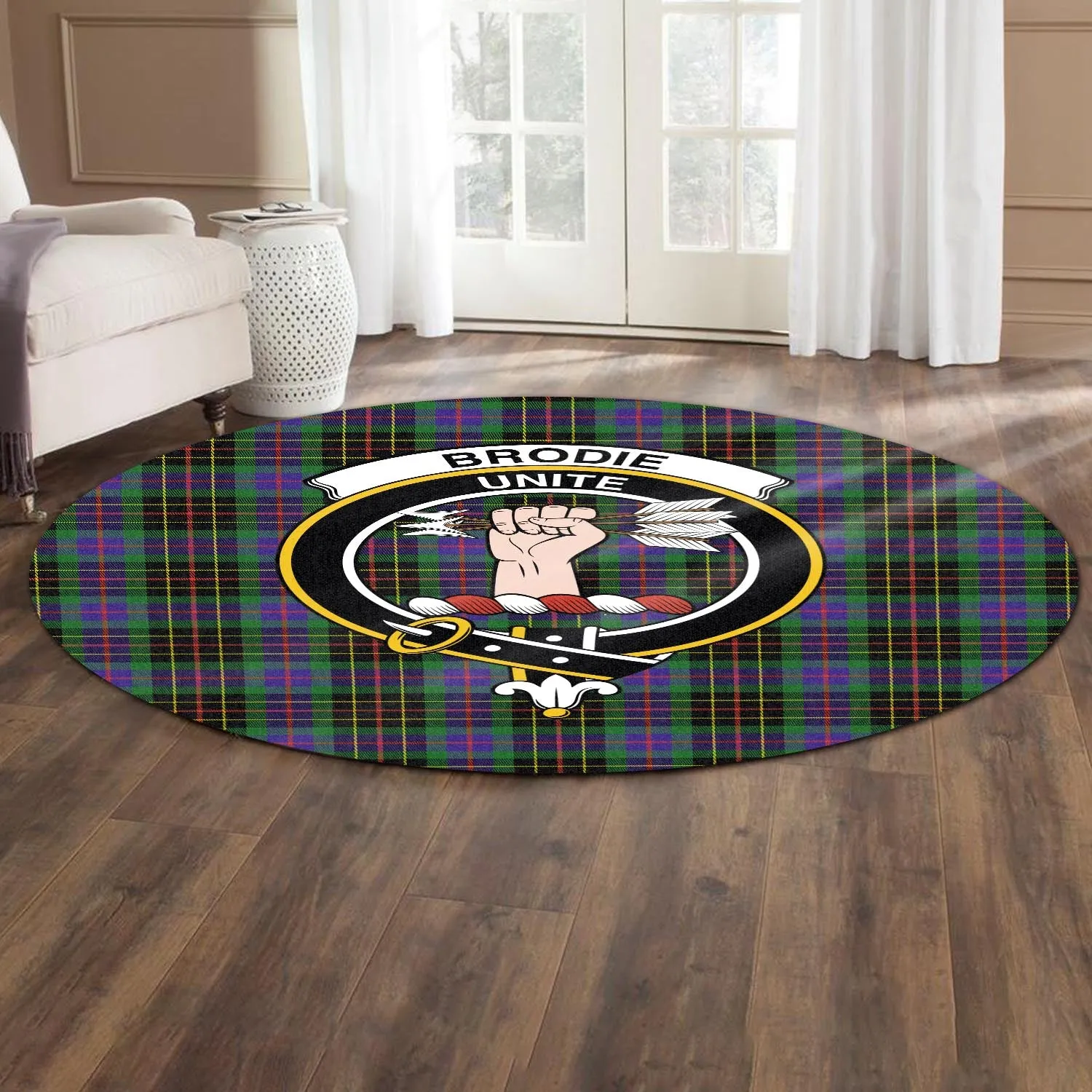 Brodie Hunting Modern Tartan Round Rug with Family Crest