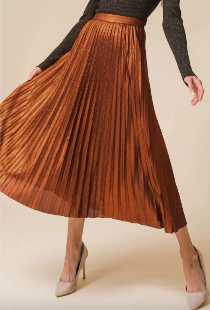 Bronze Metallic Pleated Midi Skirt