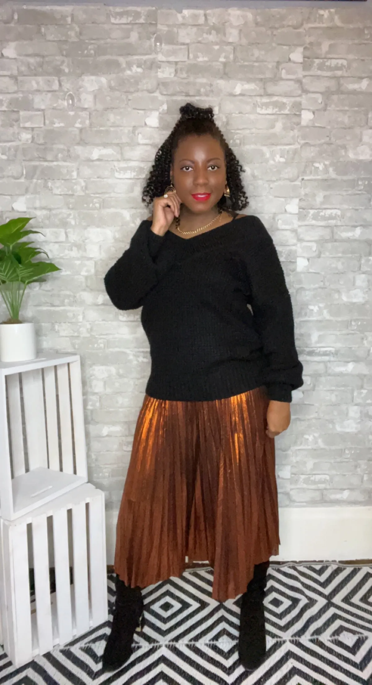 Bronze Metallic Pleated Midi Skirt