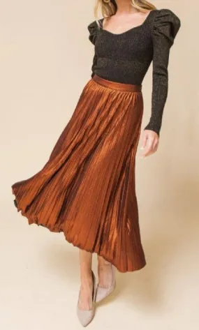 Bronze Metallic Pleated Midi Skirt