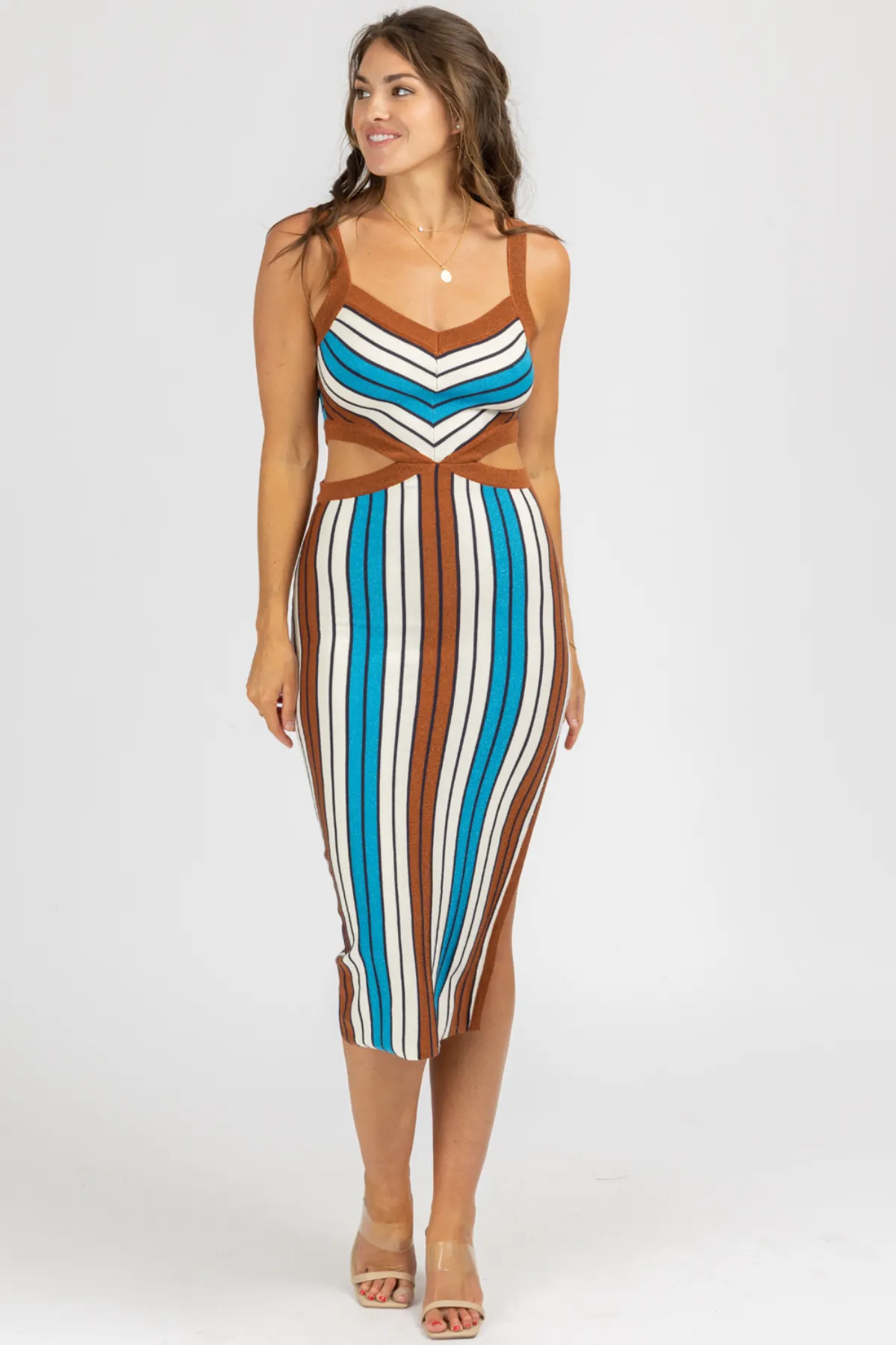 BROWN MULTISTRIPE CUTOUT KNIT MIDI DRESS