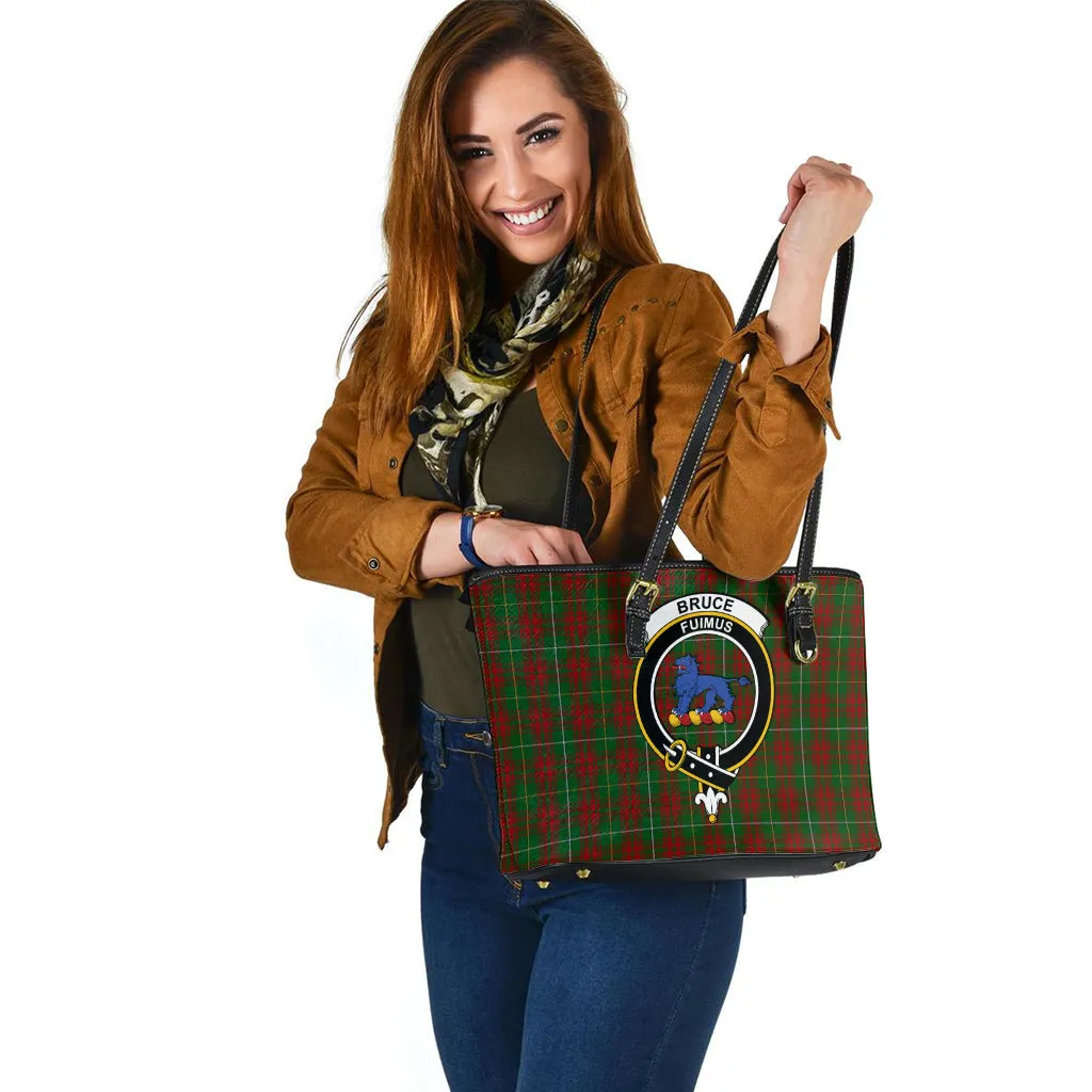 Bruce Hunting Tartan Leather Tote Bag with Family Crest