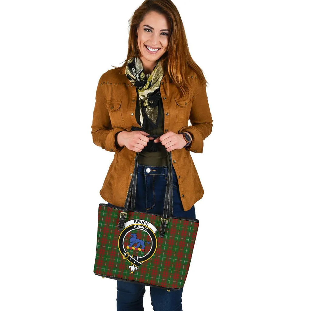 Bruce Hunting Tartan Leather Tote Bag with Family Crest