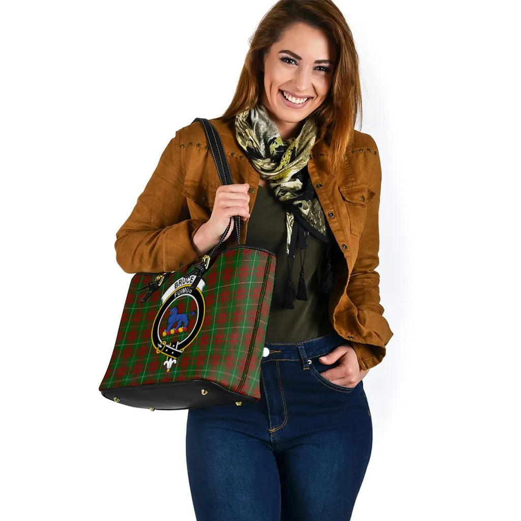 Bruce Hunting Tartan Leather Tote Bag with Family Crest