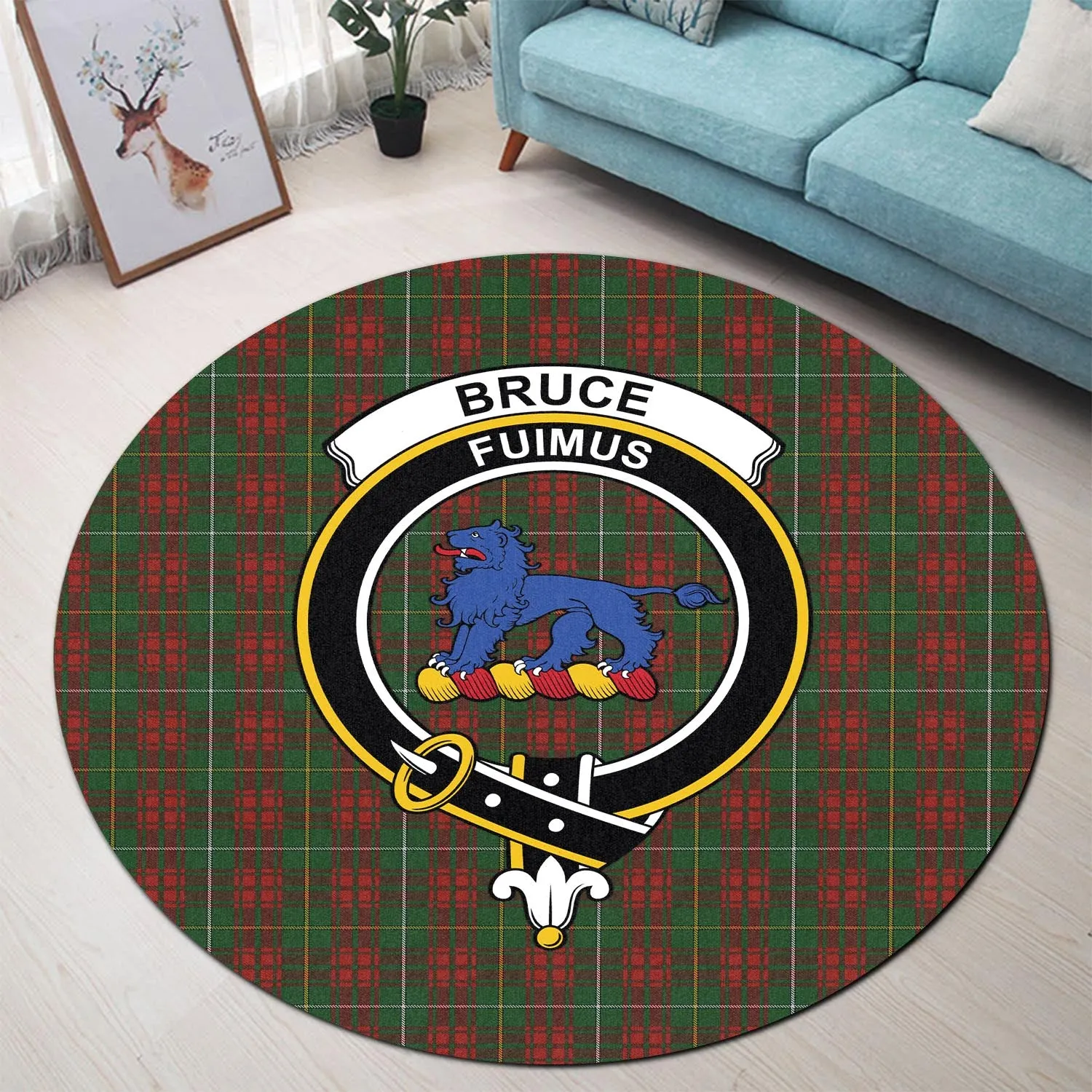 Bruce Hunting Tartan Round Rug with Family Crest