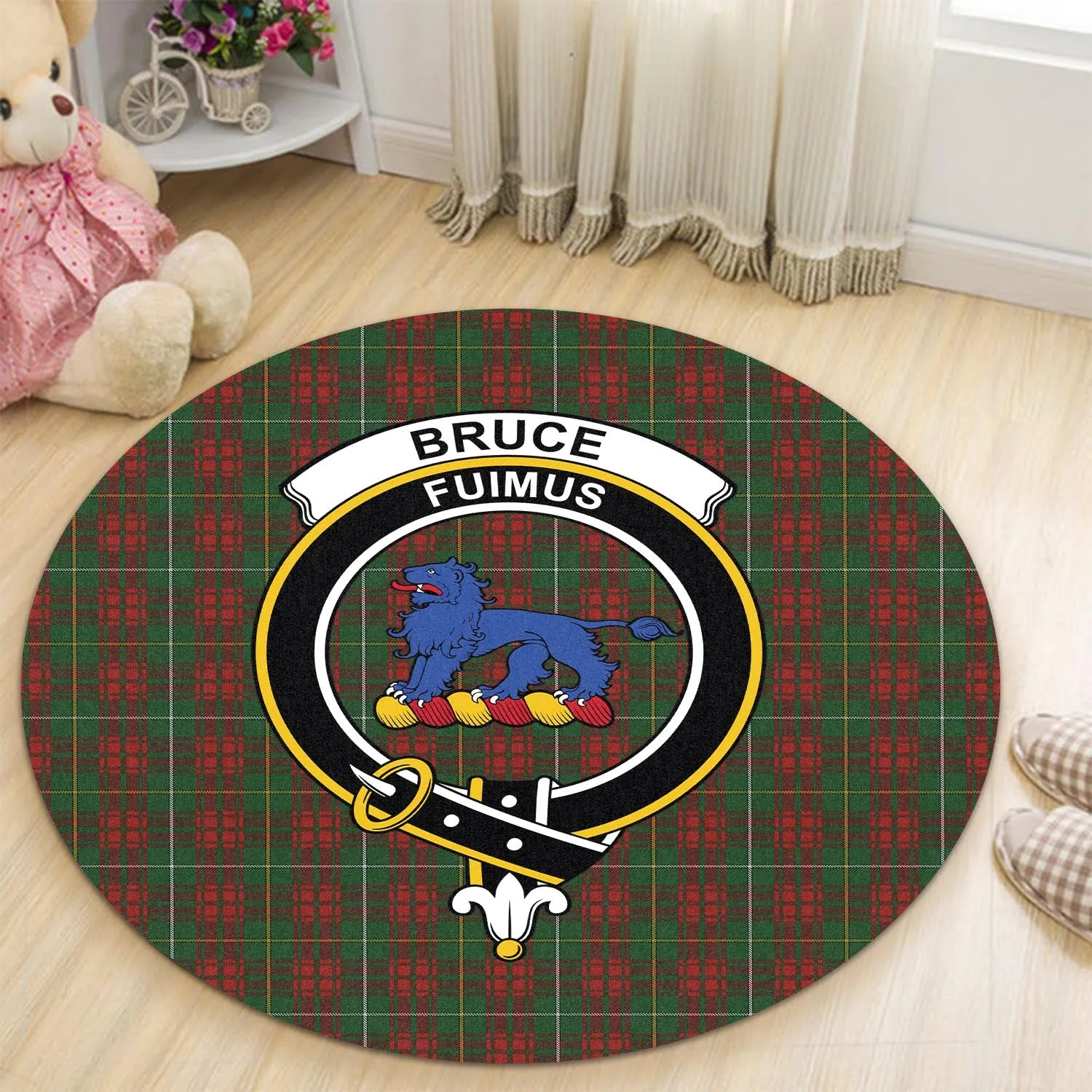 Bruce Hunting Tartan Round Rug with Family Crest