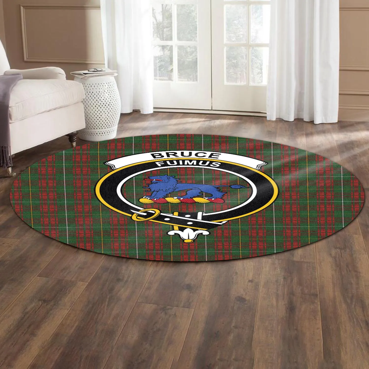 Bruce Hunting Tartan Round Rug with Family Crest