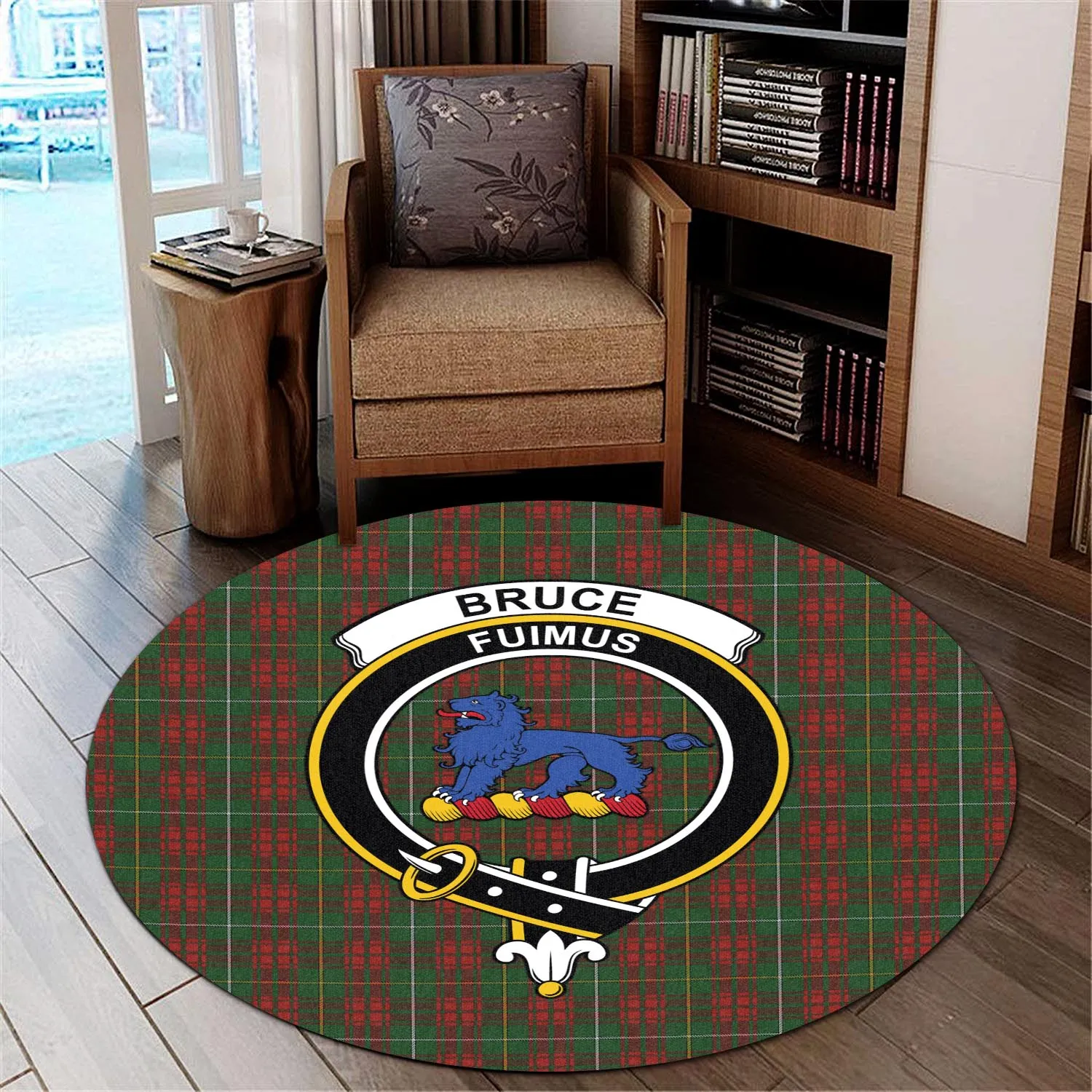 Bruce Hunting Tartan Round Rug with Family Crest