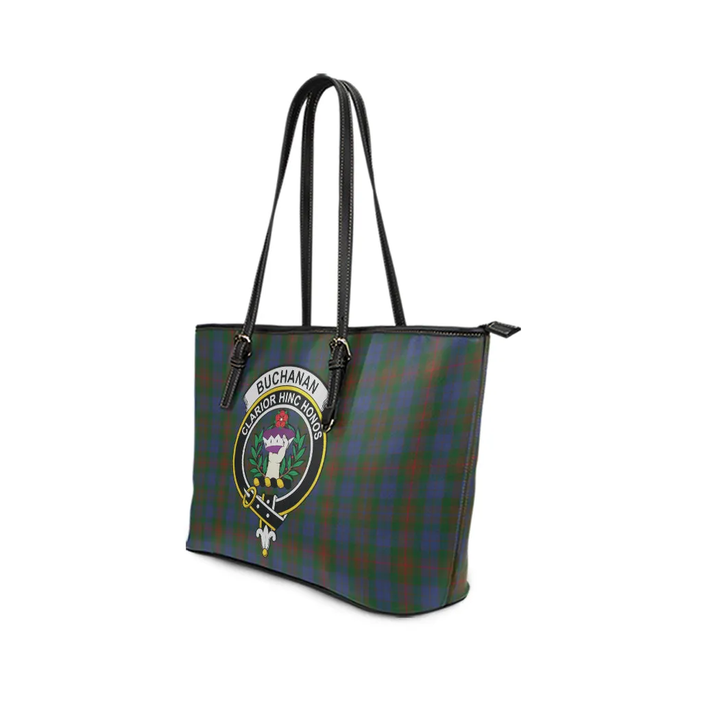 Buchanan Hunting Tartan Leather Tote Bag with Family Crest