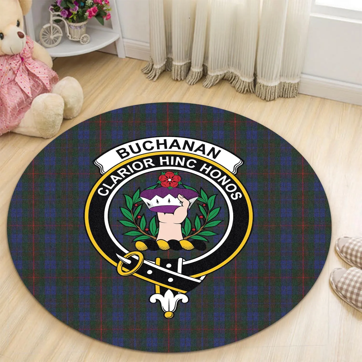 Buchanan Hunting Tartan Round Rug with Family Crest